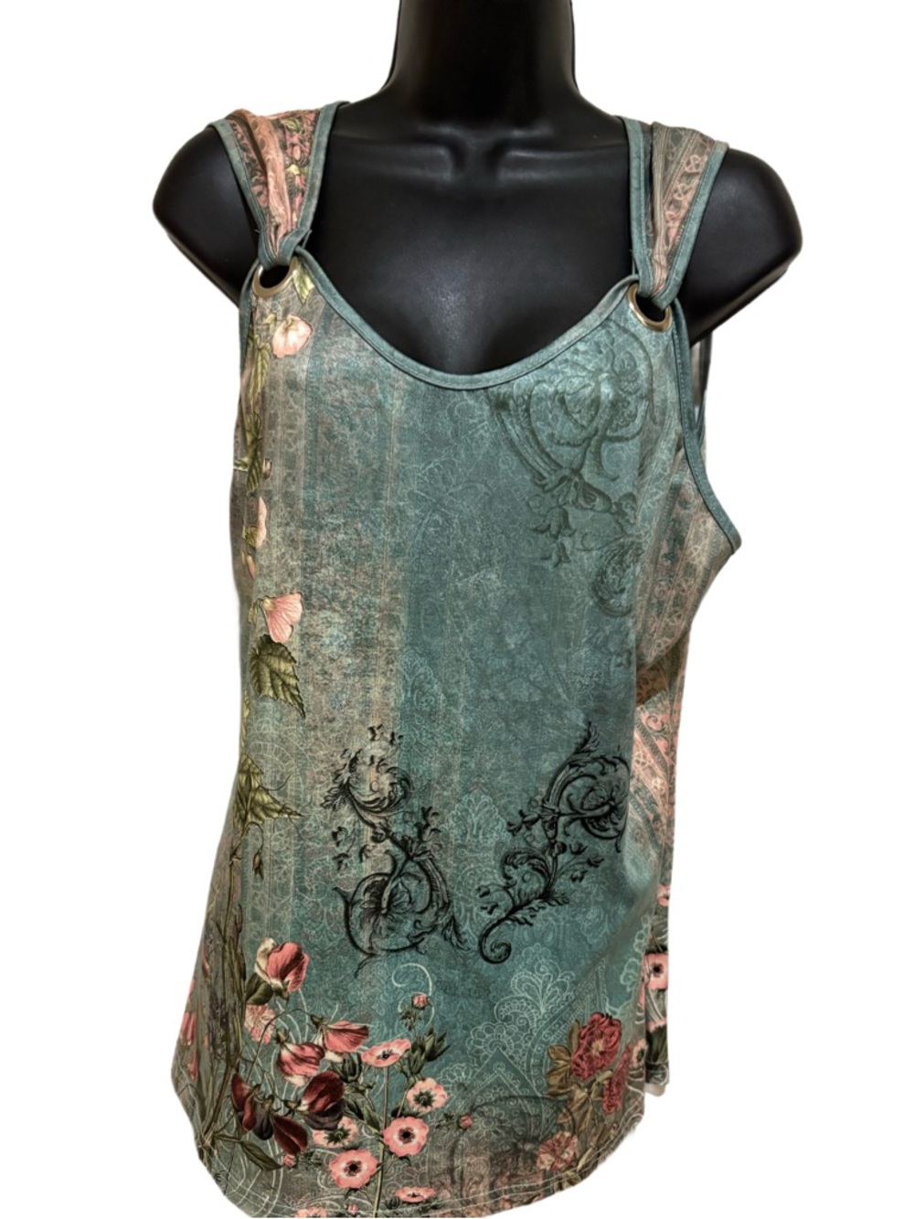 Sleeveless Floral-Print Tank Top in Teal and Pink